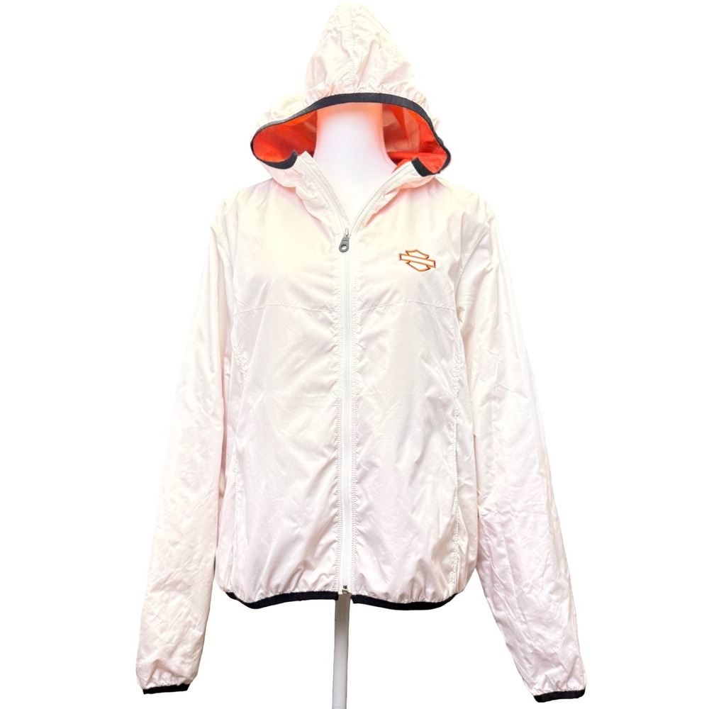 Harley Davidson Motorcycle Windbreaker Jacket Womens XL White Hooded - Picture 1 of 7